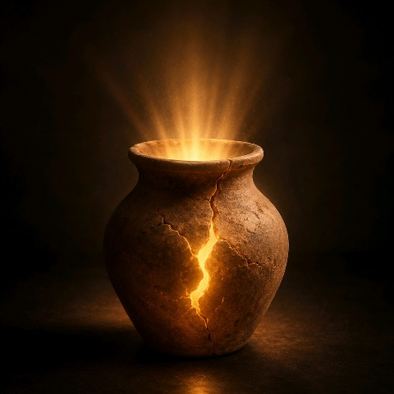 Vaso de barro rachado, com luz saindo de dentro